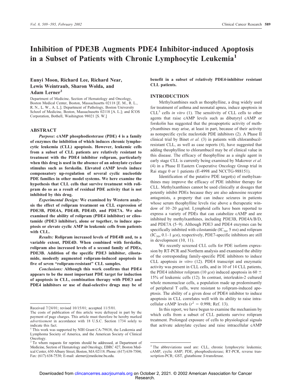 Inhibition of PDE3B Augments PDE4 Inhibitor-Induced Apoptosis in a Subset of Patients with Chronic Lymphocytic Leukemia1