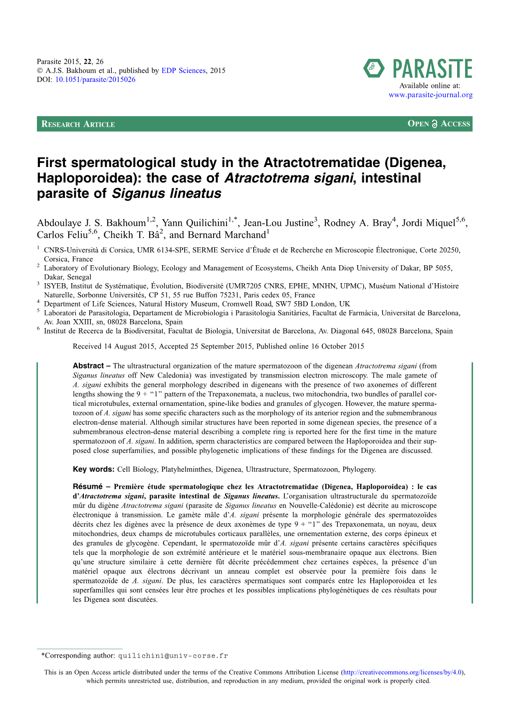 (Digenea, Haploporoidea\): the Case of Atractotrema