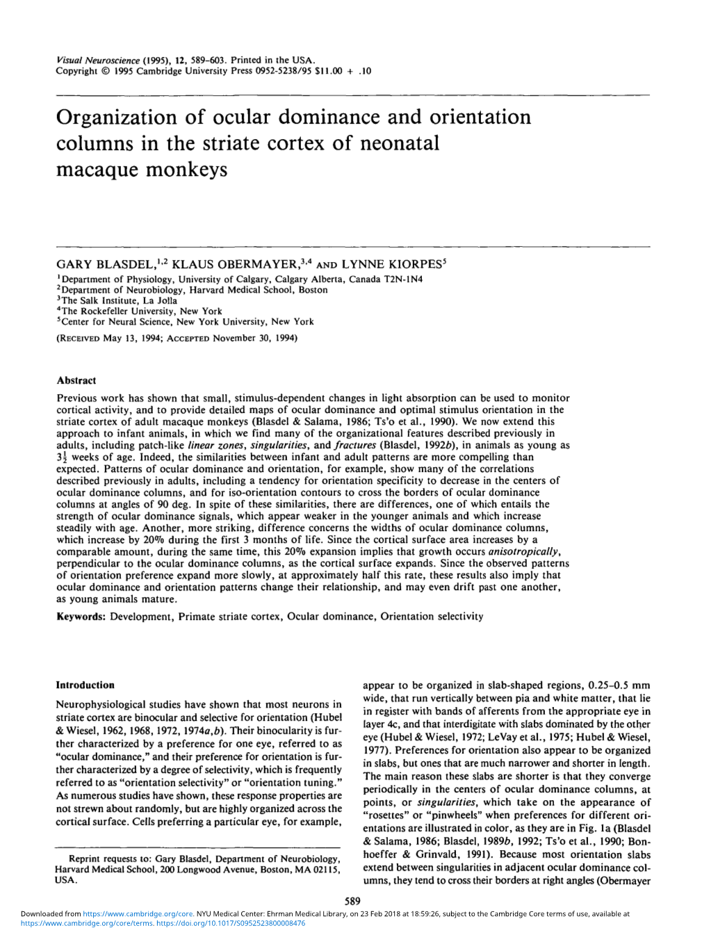 Organization of Ocular Dominance and Orientation Columns in the Striate Cortex of Neonatal Macaque Monkeys