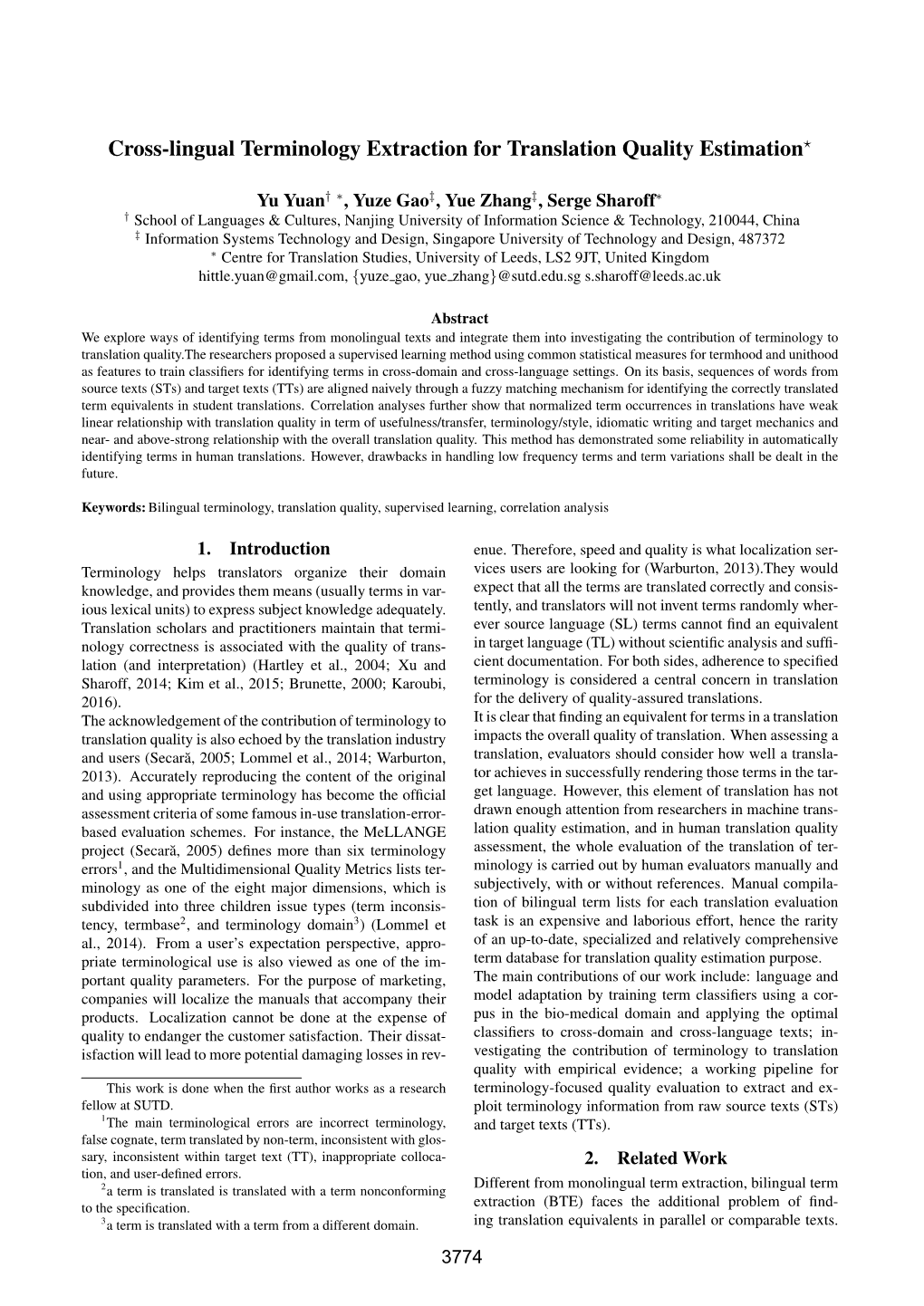 Cross-Lingual Terminology Extraction for Translation Quality Estimation⋆