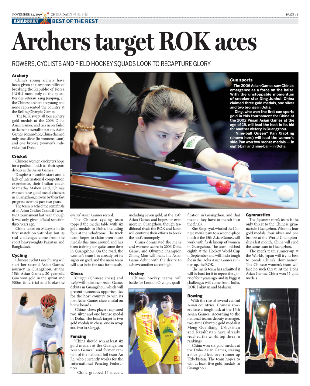 Archers Target ROK Aces ROWERS, CYCLISTS and FIELD HOCKEY SQUADS LOOK to RECAPTURE GLORY