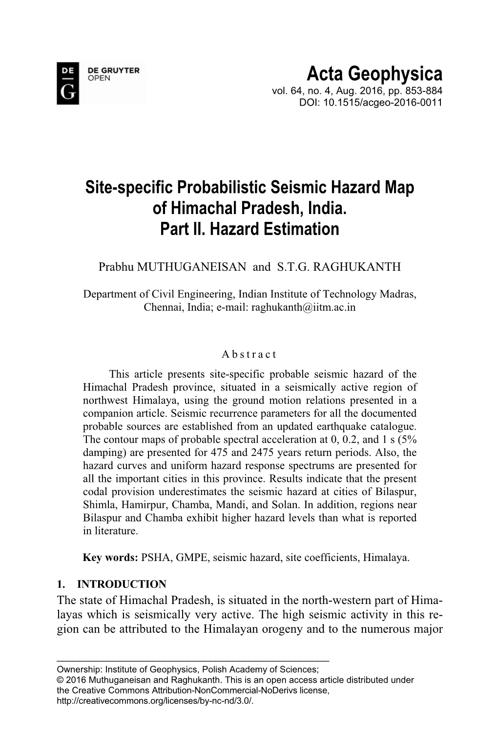 Site-Specific Probabilistic Seismic Hazard Map of Himachal Pradesh, India