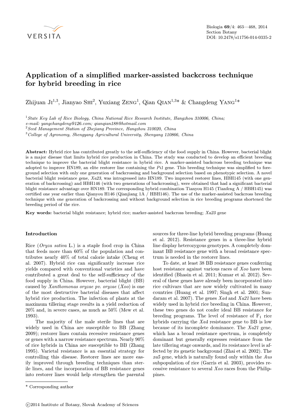 Application of a Simplified Marker-Assisted Backcross