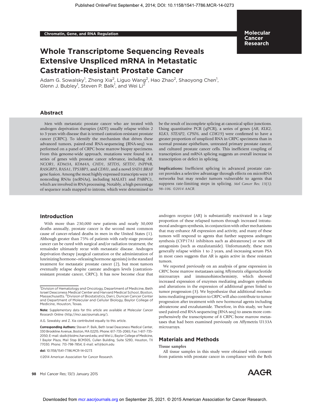 Whole Transcriptome Sequencing Reveals Extensive Unspliced Mrna in Metastatic Castration-Resistant Prostate Cancer Adam G