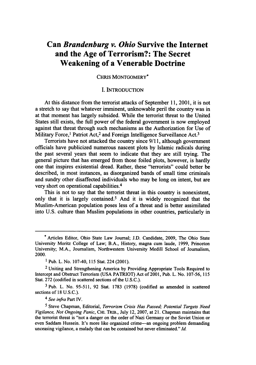 Can Brandenburg V. Ohio Survive the Internet and the Age of Terrorism?: the Secret Weakening of a Venerable Doctrine