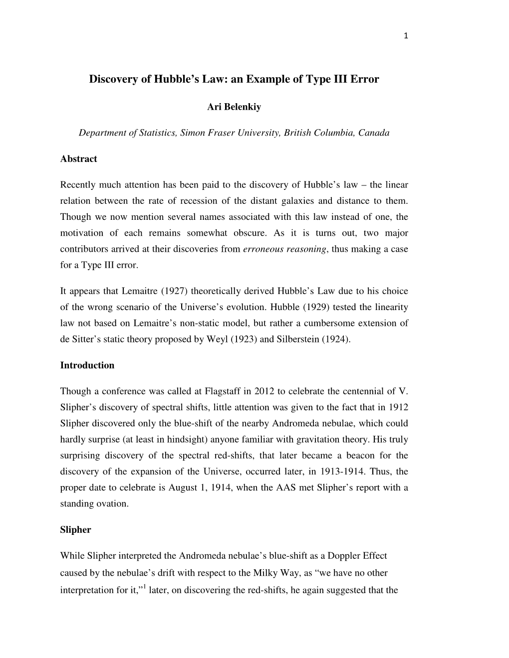 Discovery of Hubble's Law: an Example of Type III Error