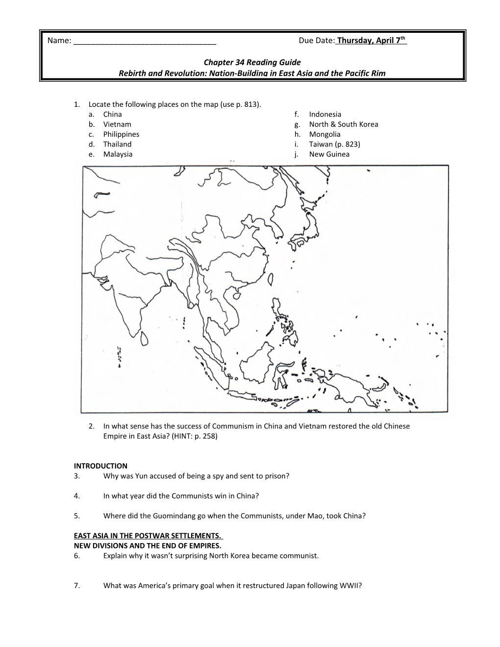 1. Locate the Following Places on the Map (Use P. 813)