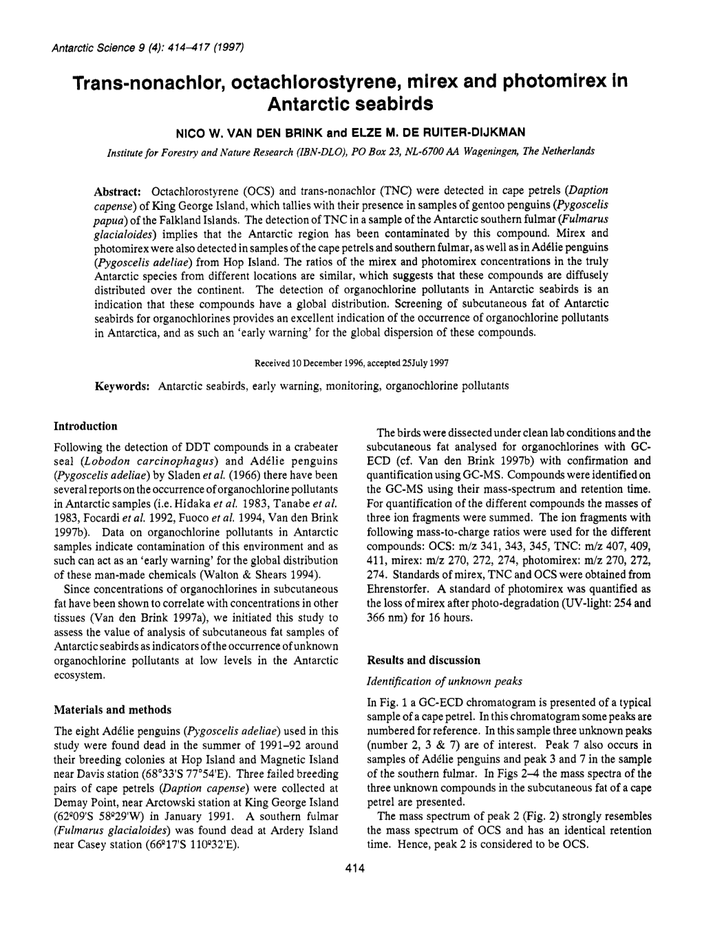 Trans-Nonachlor, Octachlorostyrene, Mirex and Photomirex in Antarctic Seabirds