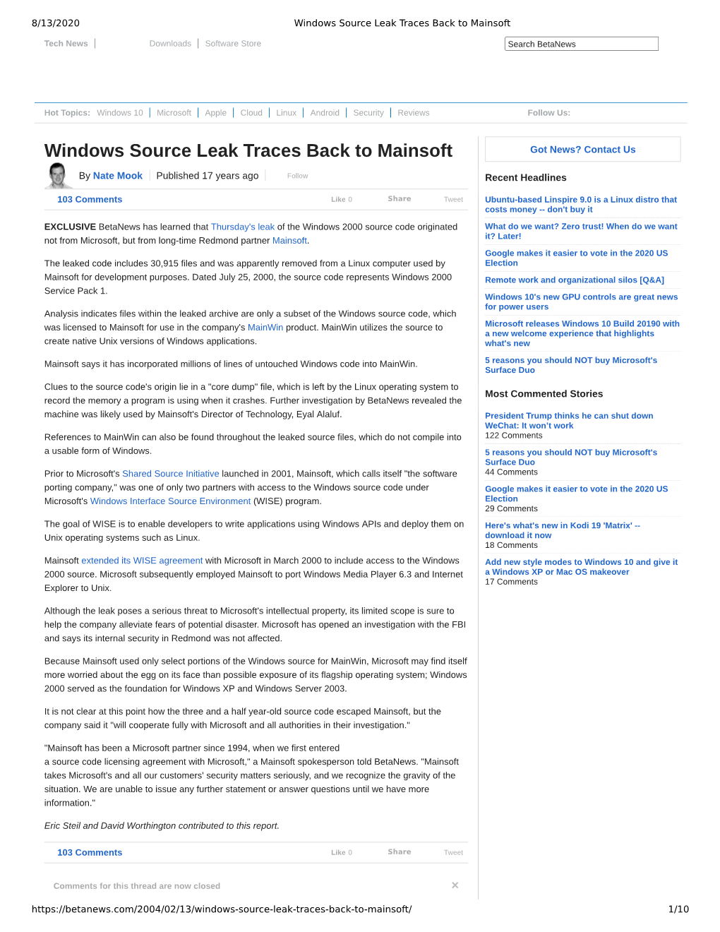 Windows Source Leak Traces Back to Mainsoft