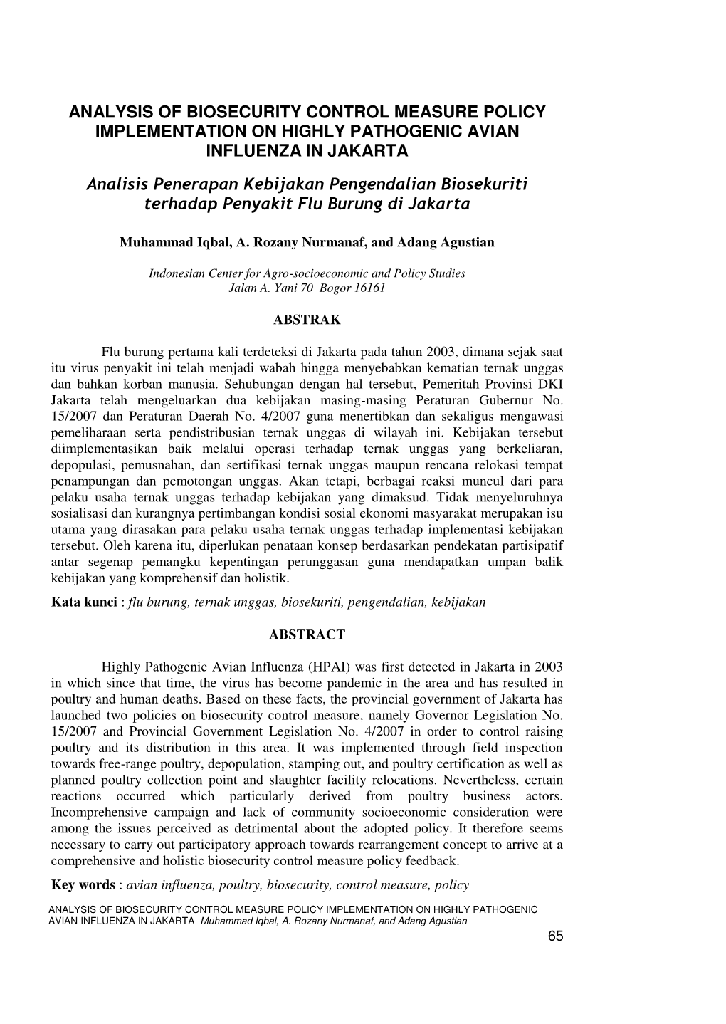 Analysis of Biosecurity Control Measure Policy Implementation on Highly Pathogenic Avian Influenza in Jakarta