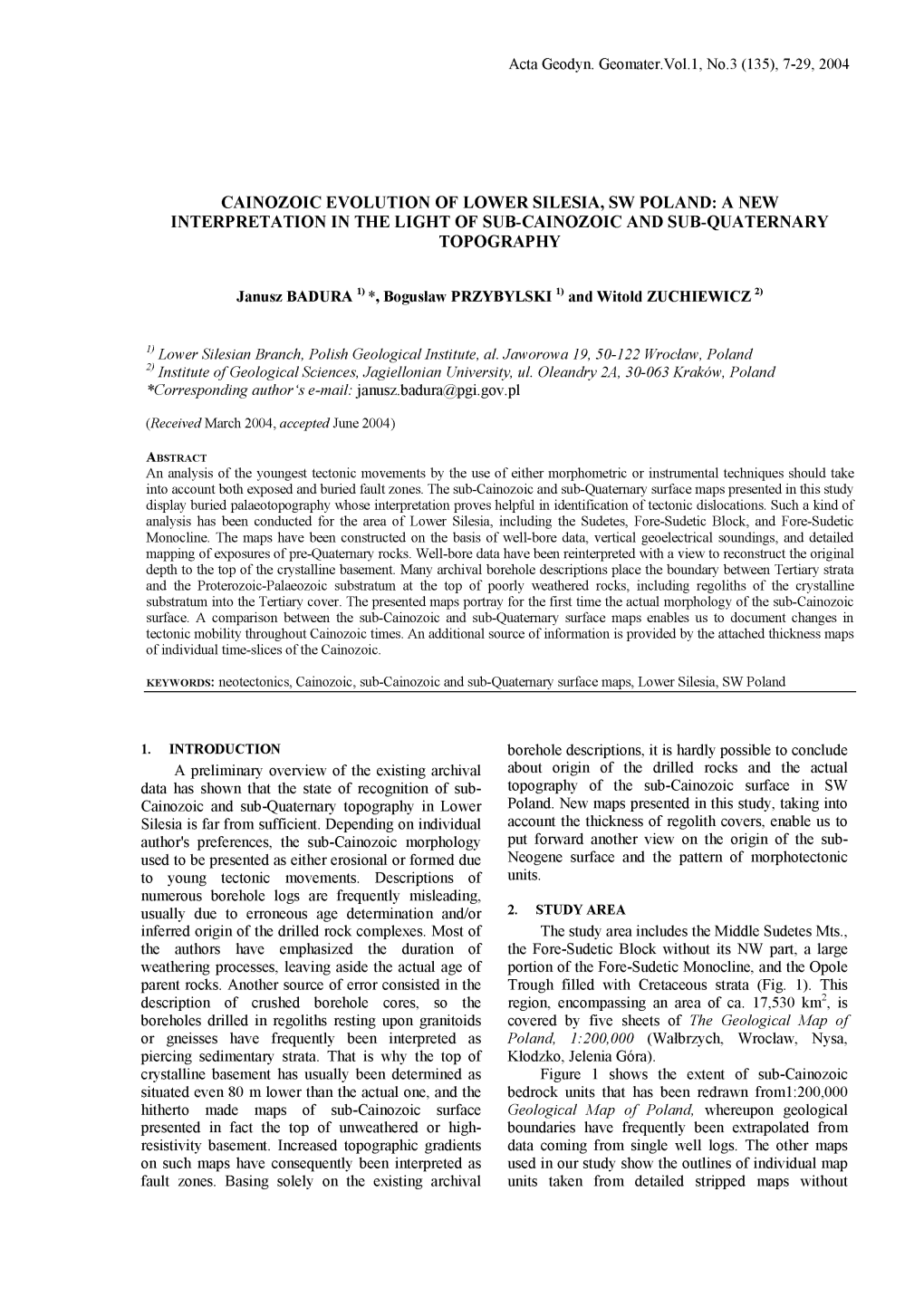 Cainozoic Evolution of Lower Silesia, Sw Poland: a New Interpretation in the Light of Sub-Cainozoic and Sub-Quaternary Topography