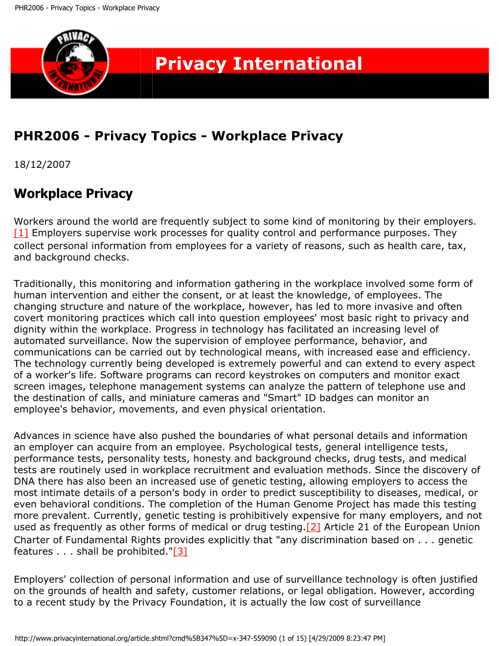 PHR2006 - Privacy Topics - Workplace Privacy