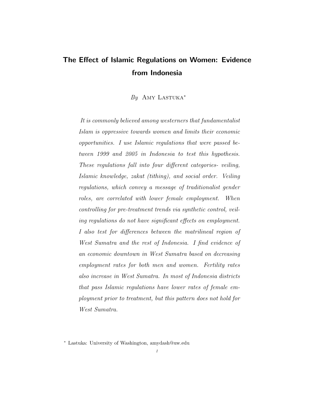 The Effect of Islamic Regulations on Women: Evidence from Indonesia