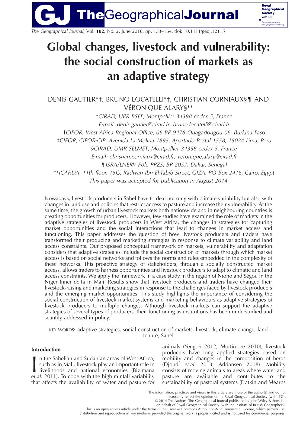 Global Changes, Livestock and Vulnerability: the Social Construction of Markets As an Adaptive Strategy