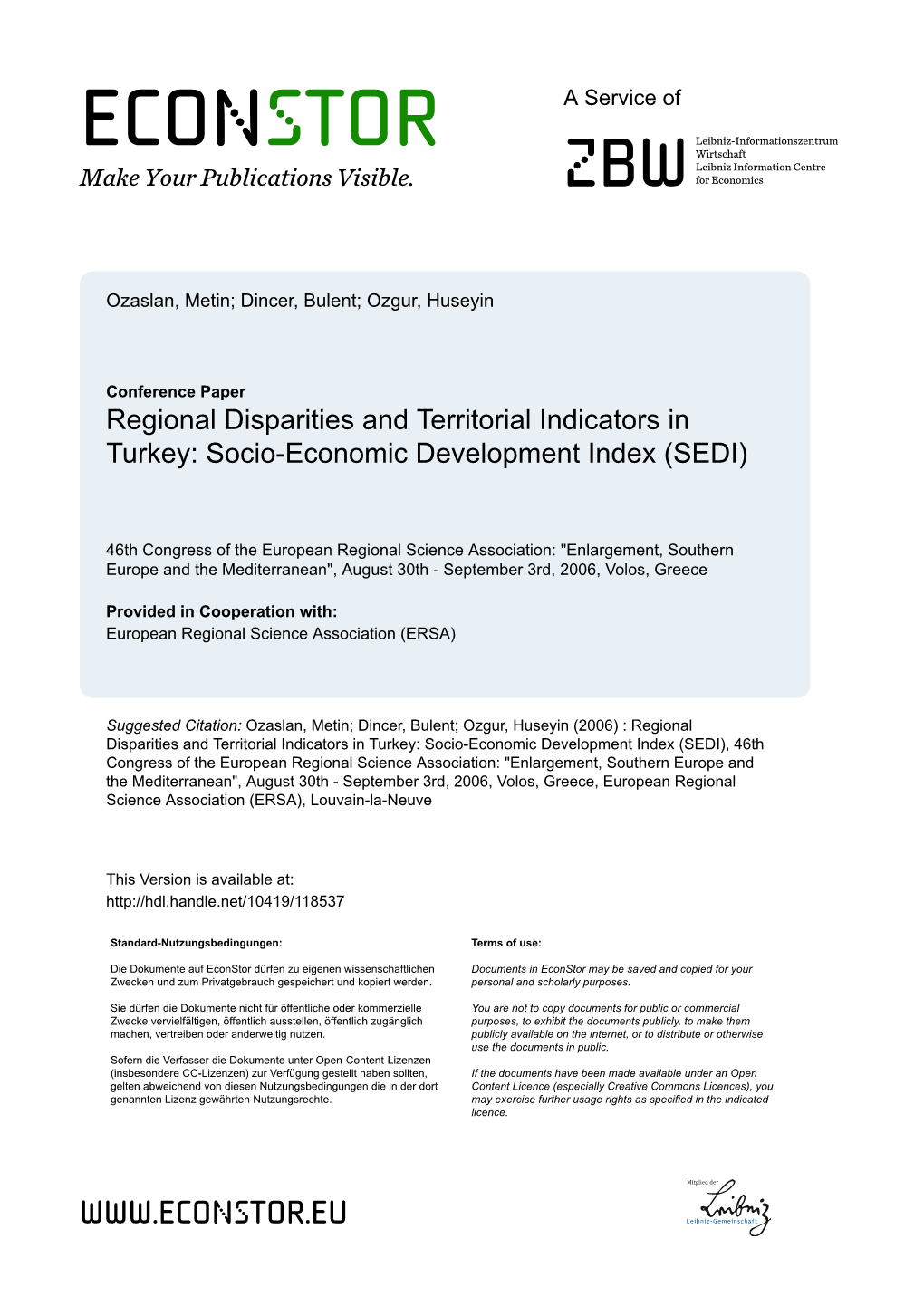 Regional Disparities and Territorial Indicators in Turkey: Socio-Economic Development Index (SEDI)