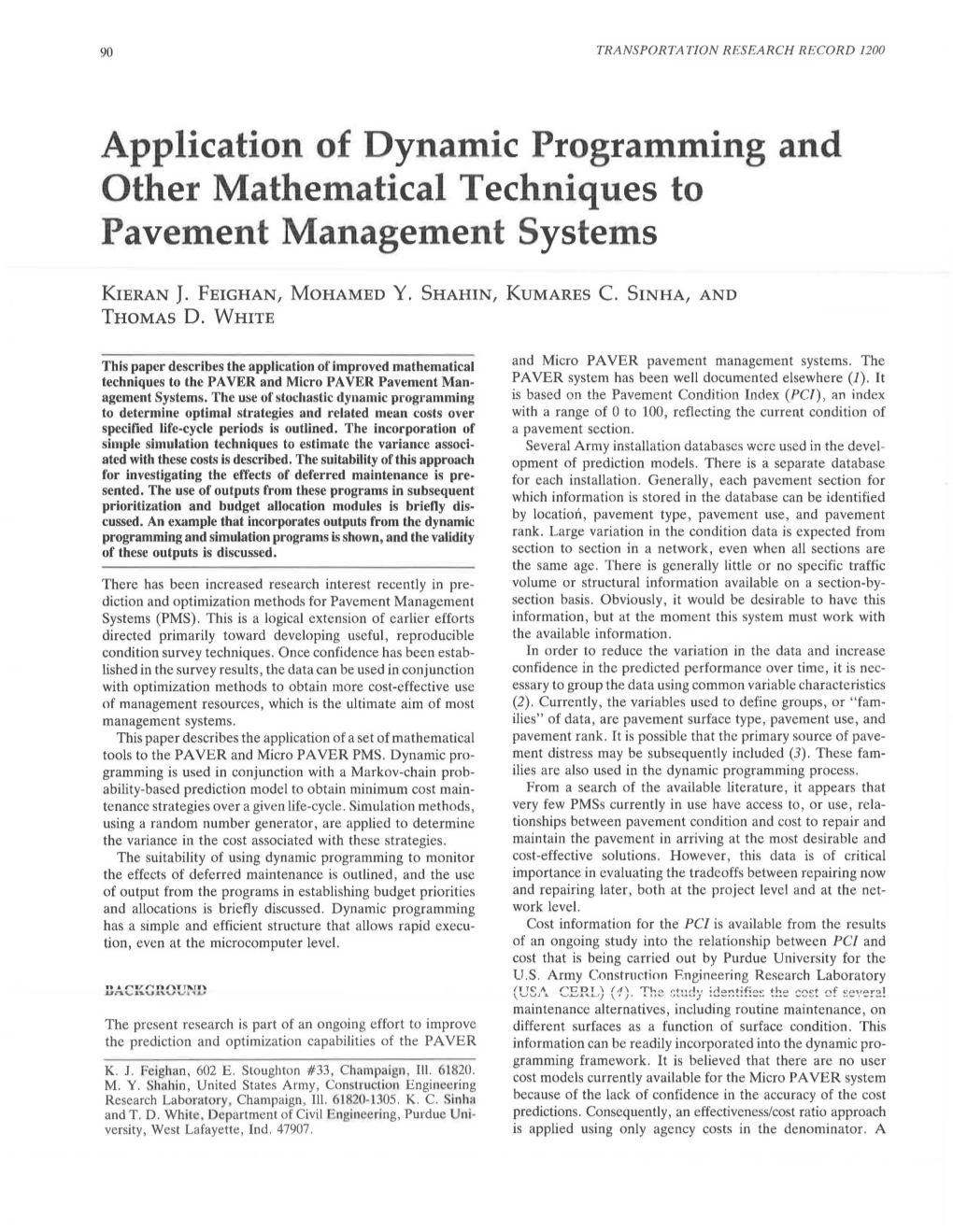 Application of Dynamic Programming and Other Mathematical Techniques to Pavement Management Systems