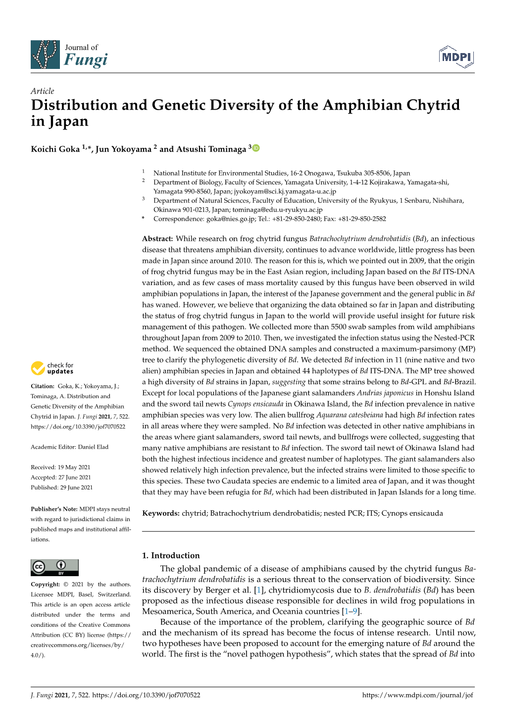 Distribution and Genetic Diversity of the Amphibian Chytrid in Japan