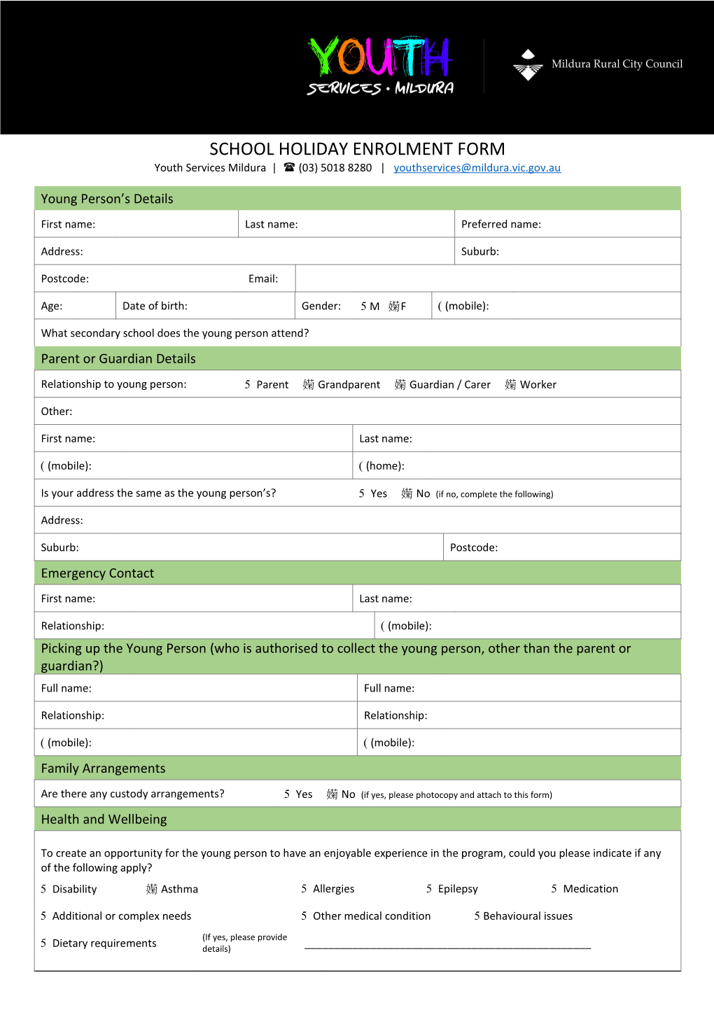 Holiday Action Enrolment Form