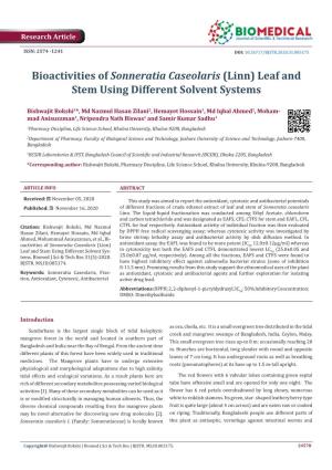 Bioactivities of Sonneratia Caseolaris (Linn) Leaf and Stem Using Different Solvent Systems