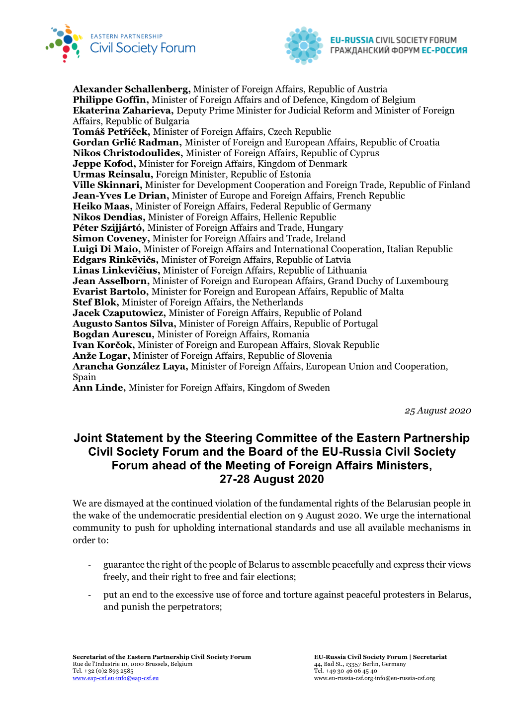 Joint Statement by the Steering Committee of the Eastern