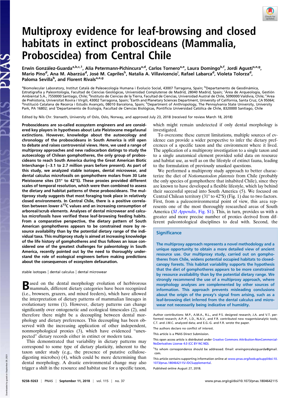 Multiproxy Evidence for Leaf-Browsing and Closed Habitats in Extinct Proboscideans (Mammalia, Proboscidea) from Central Chile