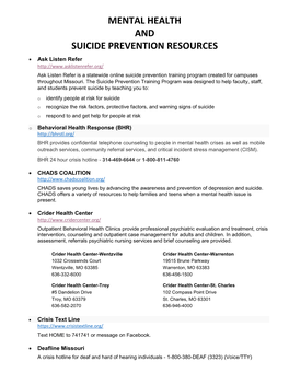 Mental Health and Suicide Prevention Resources