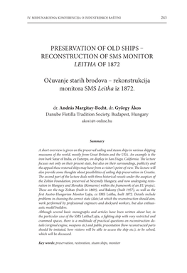 Preservation of Old Ships – Reconstruction of Sms Monitor LEITHA of 1872 Očuvanje Starih Brodova – Rekonstrukcija Monitora
