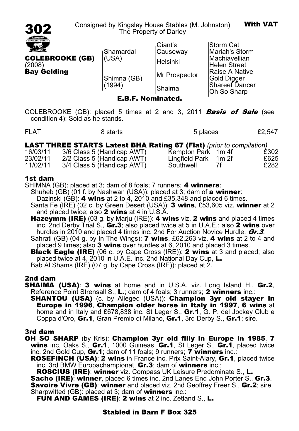 302 Consigned by Kingsley House Stables (M. Johnston)