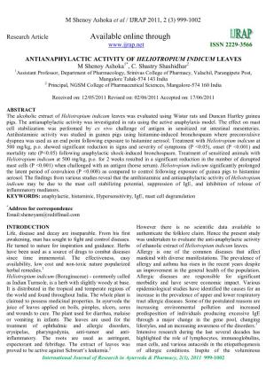 ANTIANAPHYLACTIC ACTIVITY of HELIOTROPIUM INDICUM LEAVES M Shenoy Ashoka1*, C