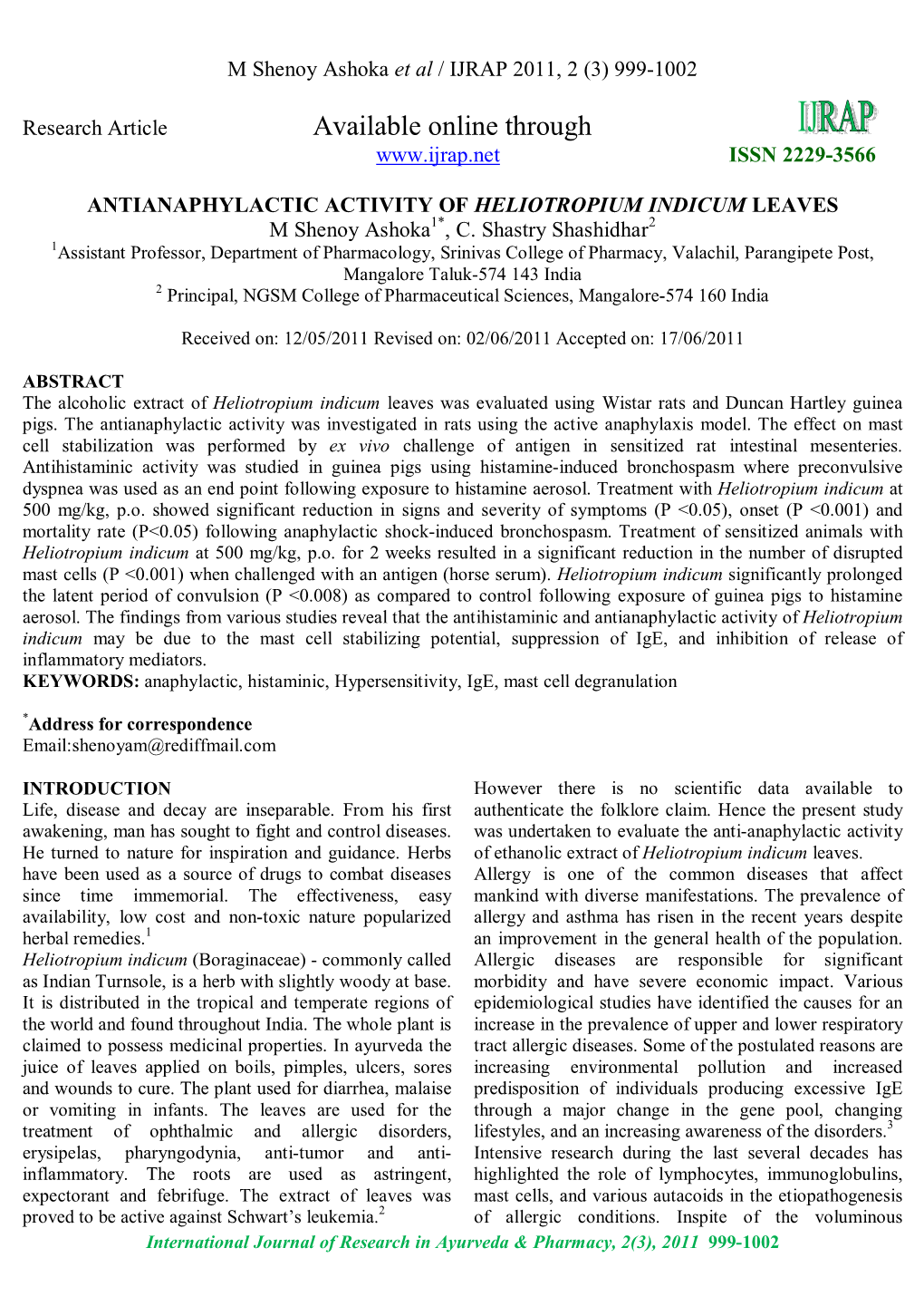 ANTIANAPHYLACTIC ACTIVITY of HELIOTROPIUM INDICUM LEAVES M Shenoy Ashoka1*, C