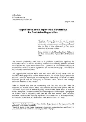 Significance of the Japan-India Partnership for East Asian Regionalism