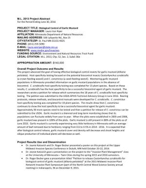 ML 2013 Project Abstract for the Period Ending June 30