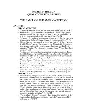 Raisin in the Sun Quotations for Writing the Family & The
