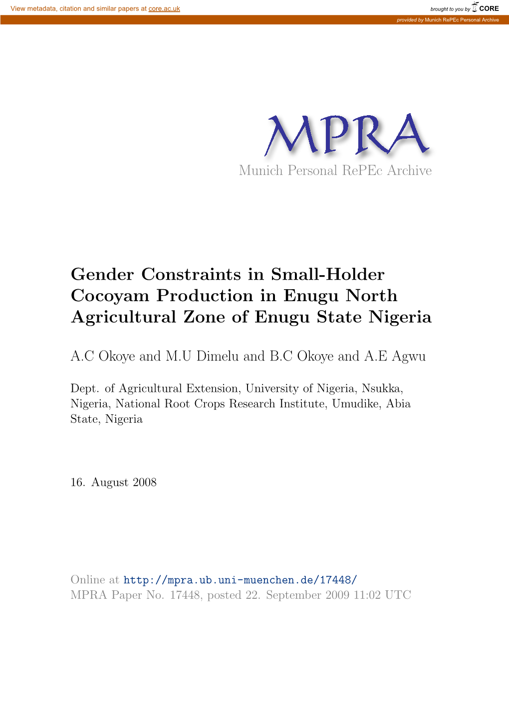 Gender Constraints in Small-Holder Cocoyam Production in Enugu North Agricultural Zone of Enugu State Nigeria