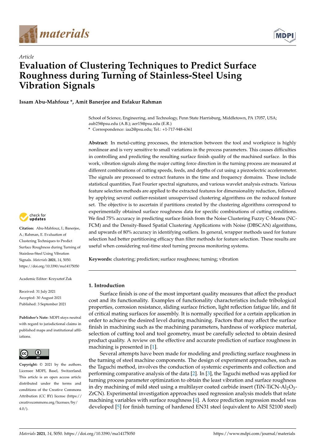 Evaluation of Clustering Techniques to Predict Surface Roughness During Turning of Stainless-Steel Using Vibration Signals