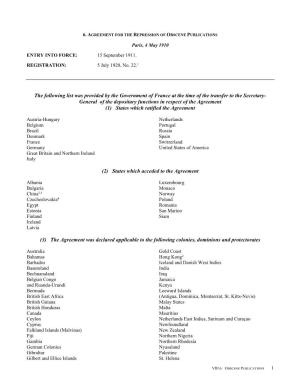 The Following List Was Provided by the Government of France at the Time of the Transfer to the Secretary- General of the Deposi