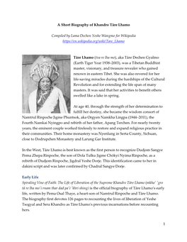 1 a Short Biography of Khandro Tāre Lhamo Compiled by Lama Dechen