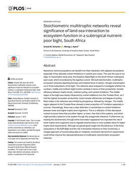 Stoichiometric Multitrophic Networks Reveal Significance of Land-Sea Interaction to Ecosystem Function in a Subtropical Nutrient- Poor Bight, South Africa