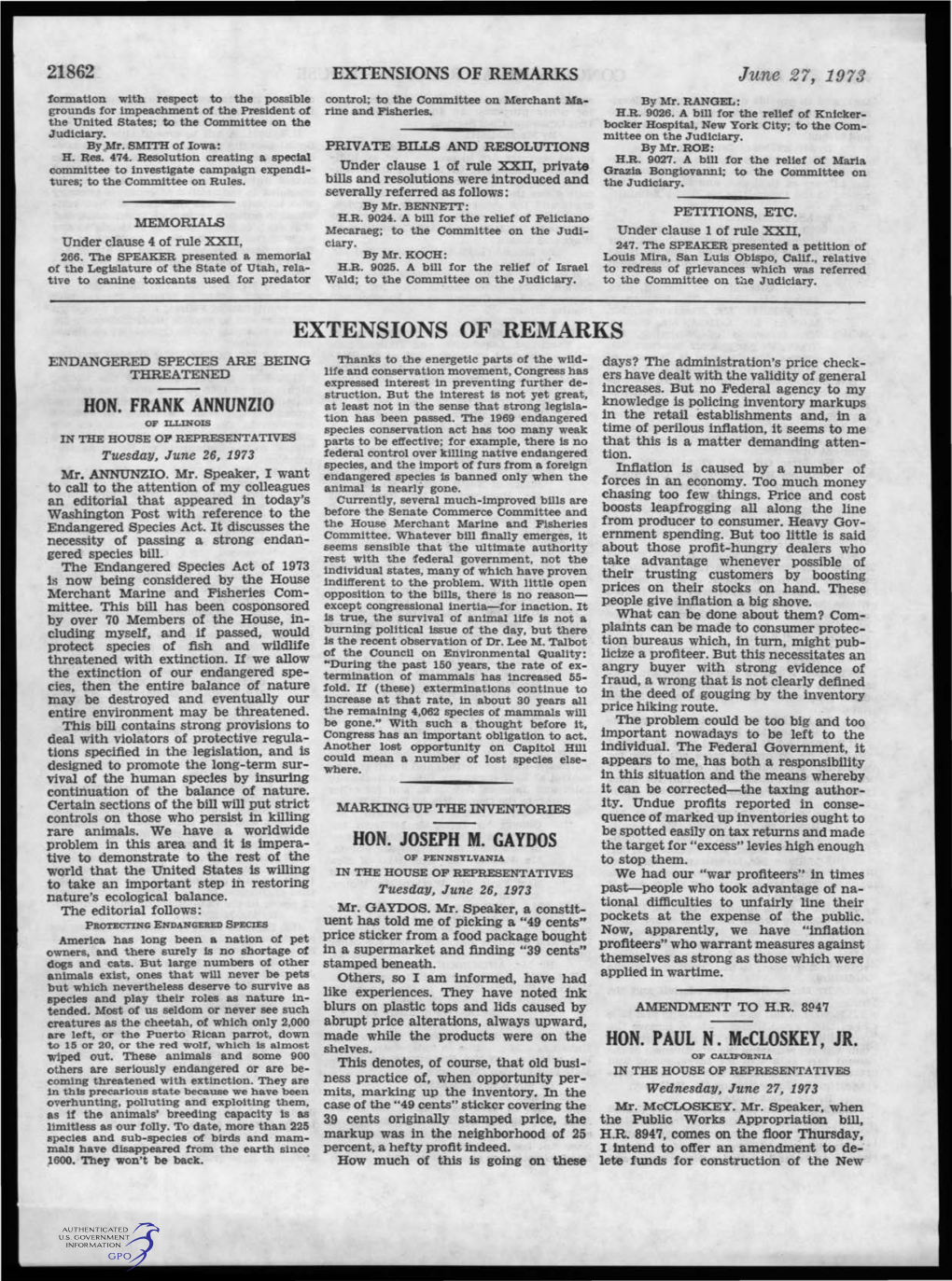 EXTENSIONS of REMARKS June 27, 1973 Formation with Respect to the Possible Control; to the Committee on Merchant Ma­ by Mr