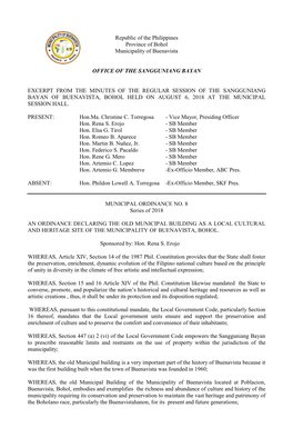 Republic of the Philippines Province of Bohol Municipality of Buenavista OFFICE of the SANGGUNIANG BAYAN EXCERPT from the MINUTE