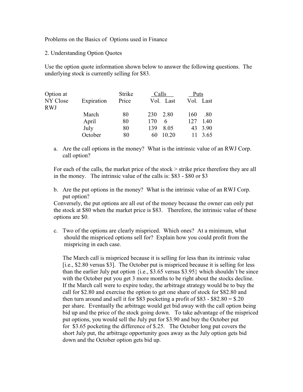 Problems on the Basics of Options Used in Corporate Finance