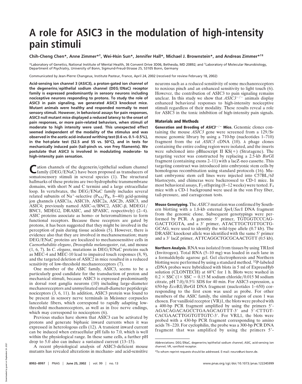 A Role for ASIC3 in the Modulation of High-Intensity Pain Stimuli