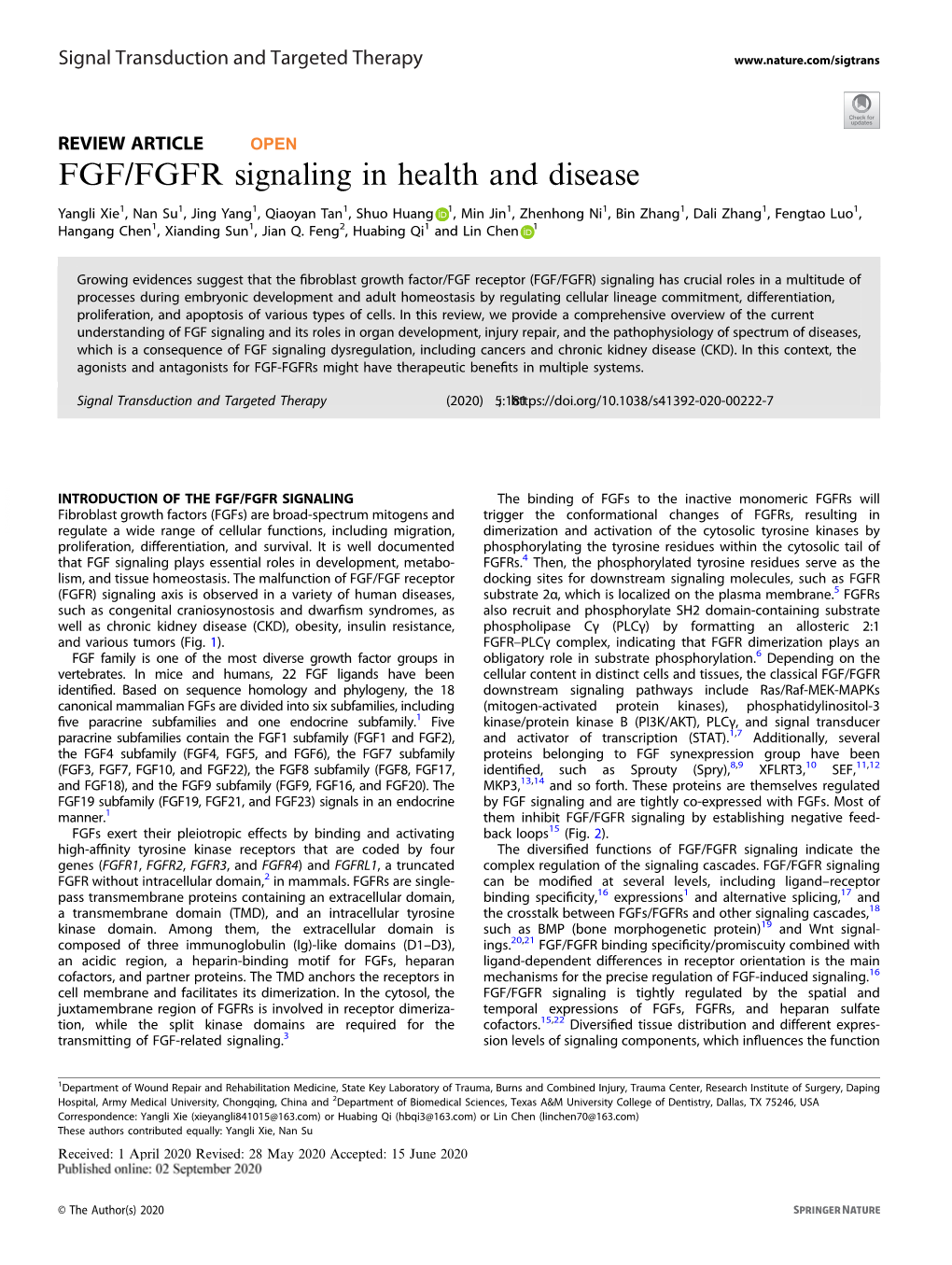 FGF/FGFR Signaling in Health and Disease