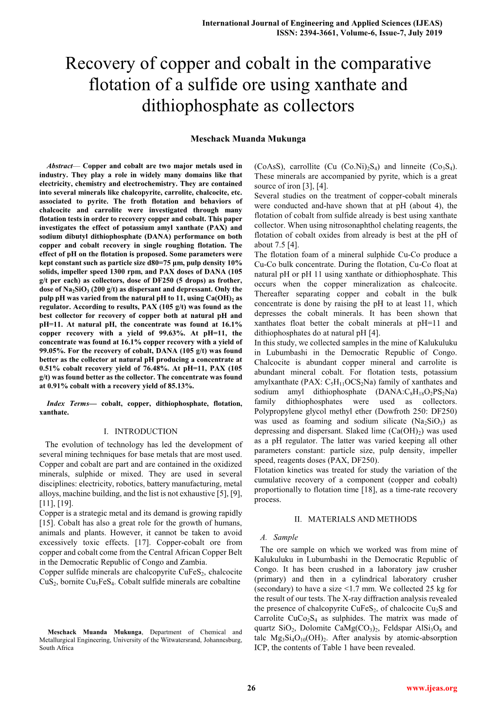 Recovery of Copper and Cobalt in the Comparative Flotation of a Sulfide Ore Using Xanthate and Dithiophosphate As Collectors