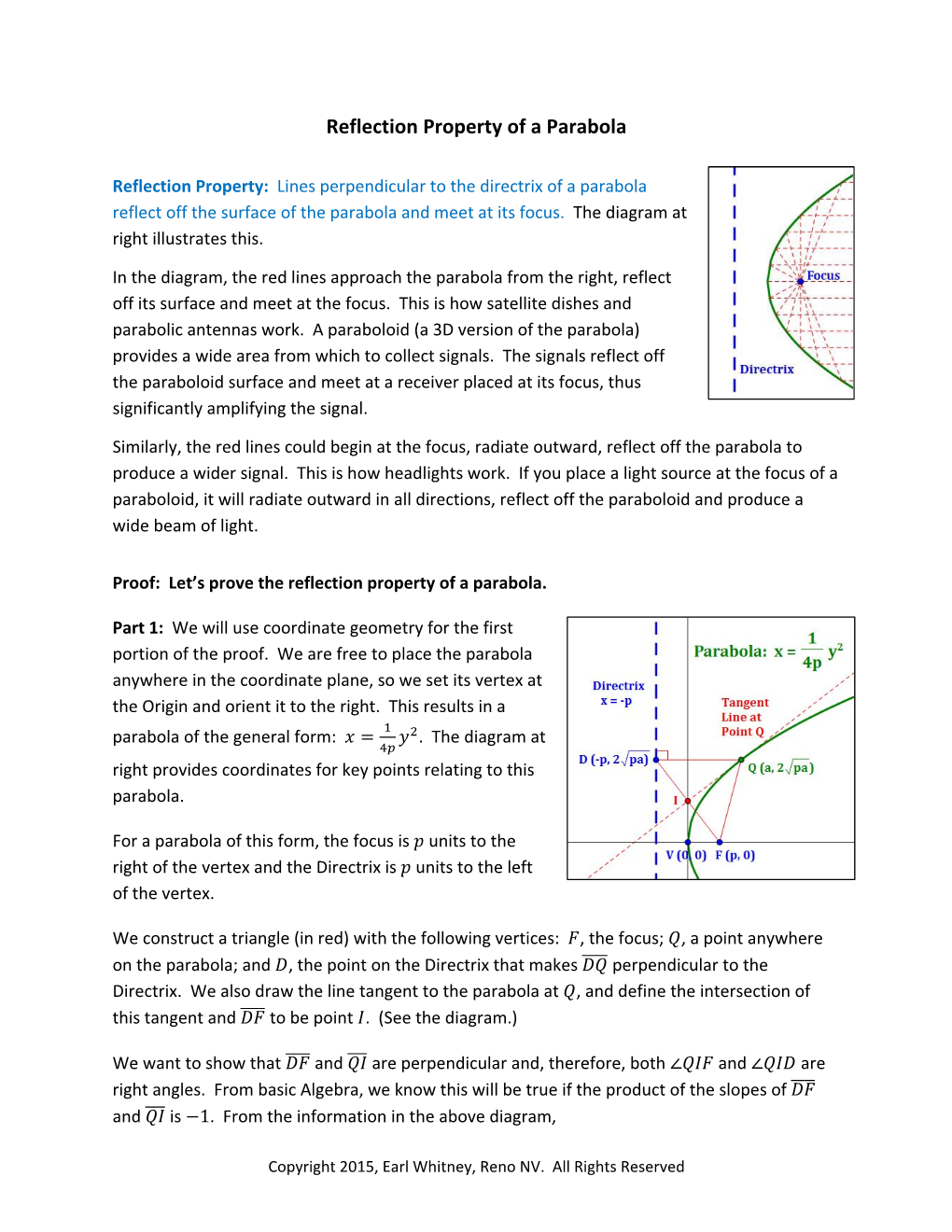 Reflection Property of a Parabola