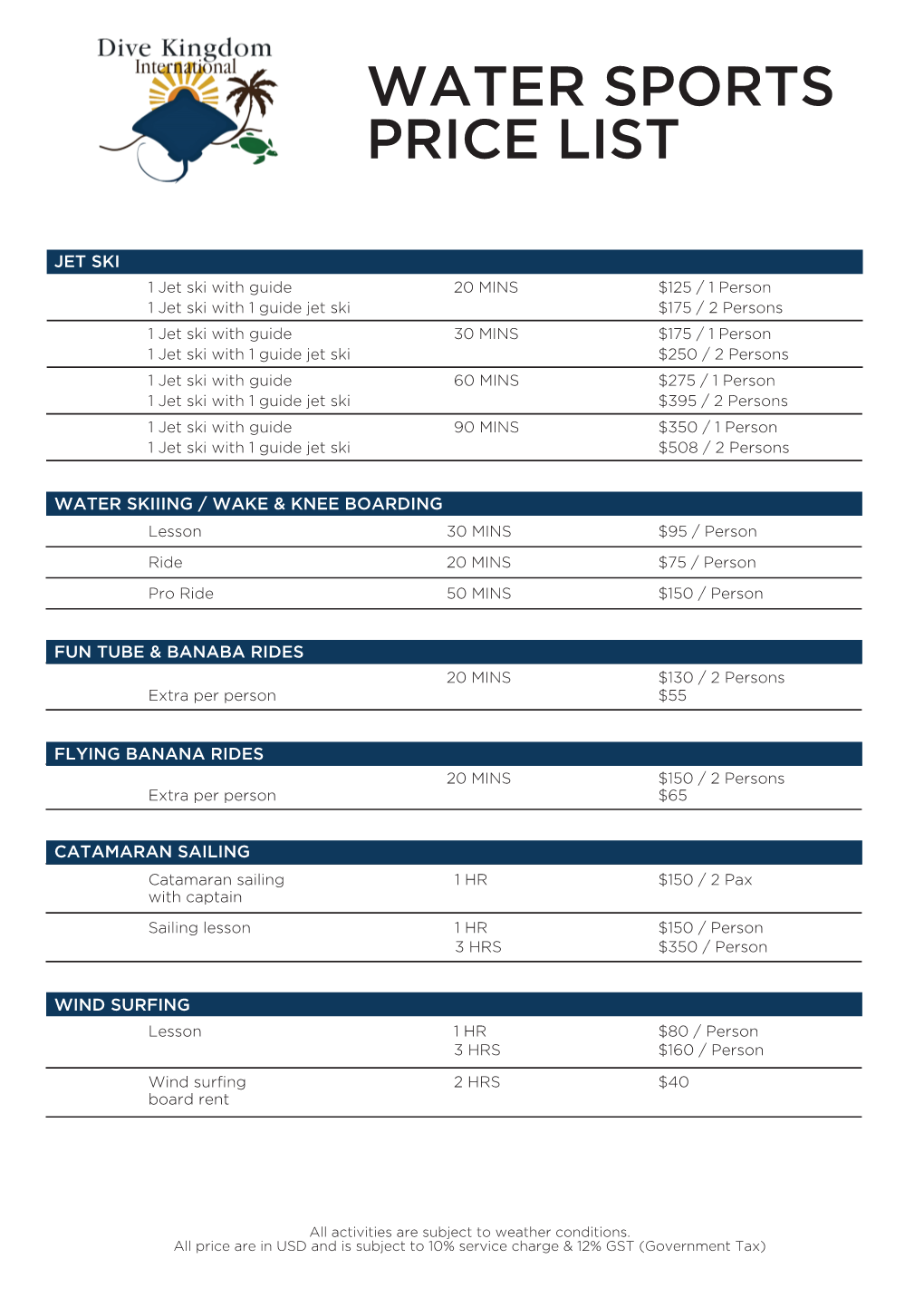 Water Sports Price List