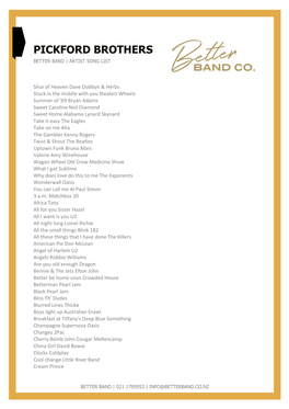 Pickford Brothers Better Band | Artist Song List