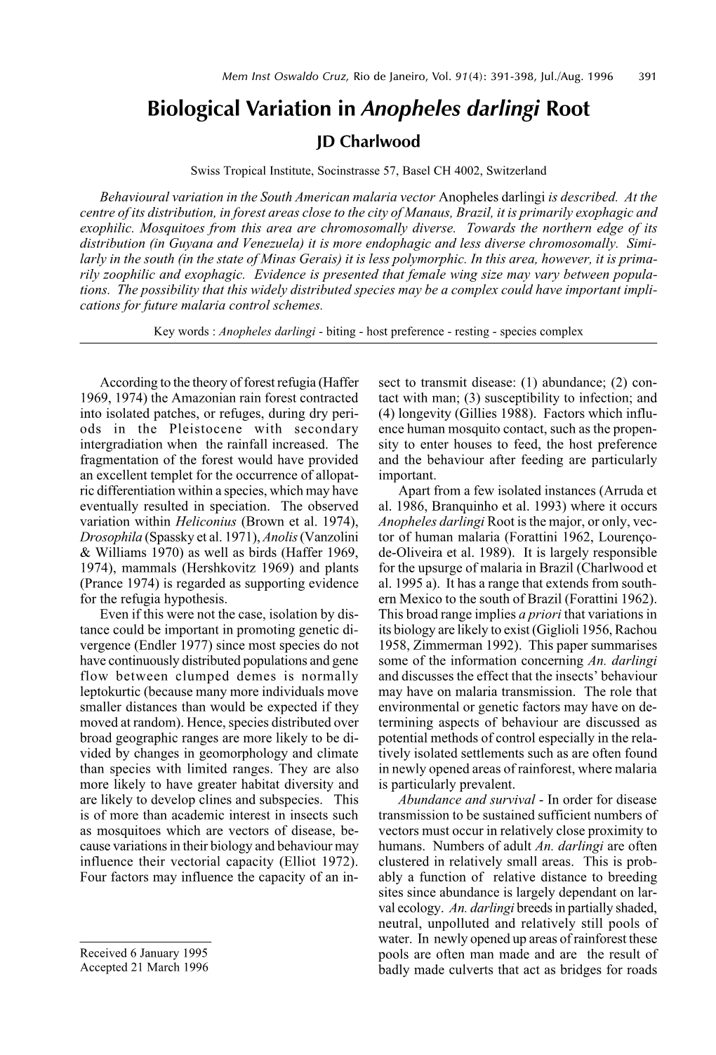 Biological Variation in Anopheles Darlingi Root