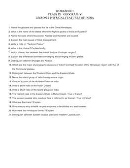 Worksheet Class Ix Geography Lesson 2 Physical Features of India