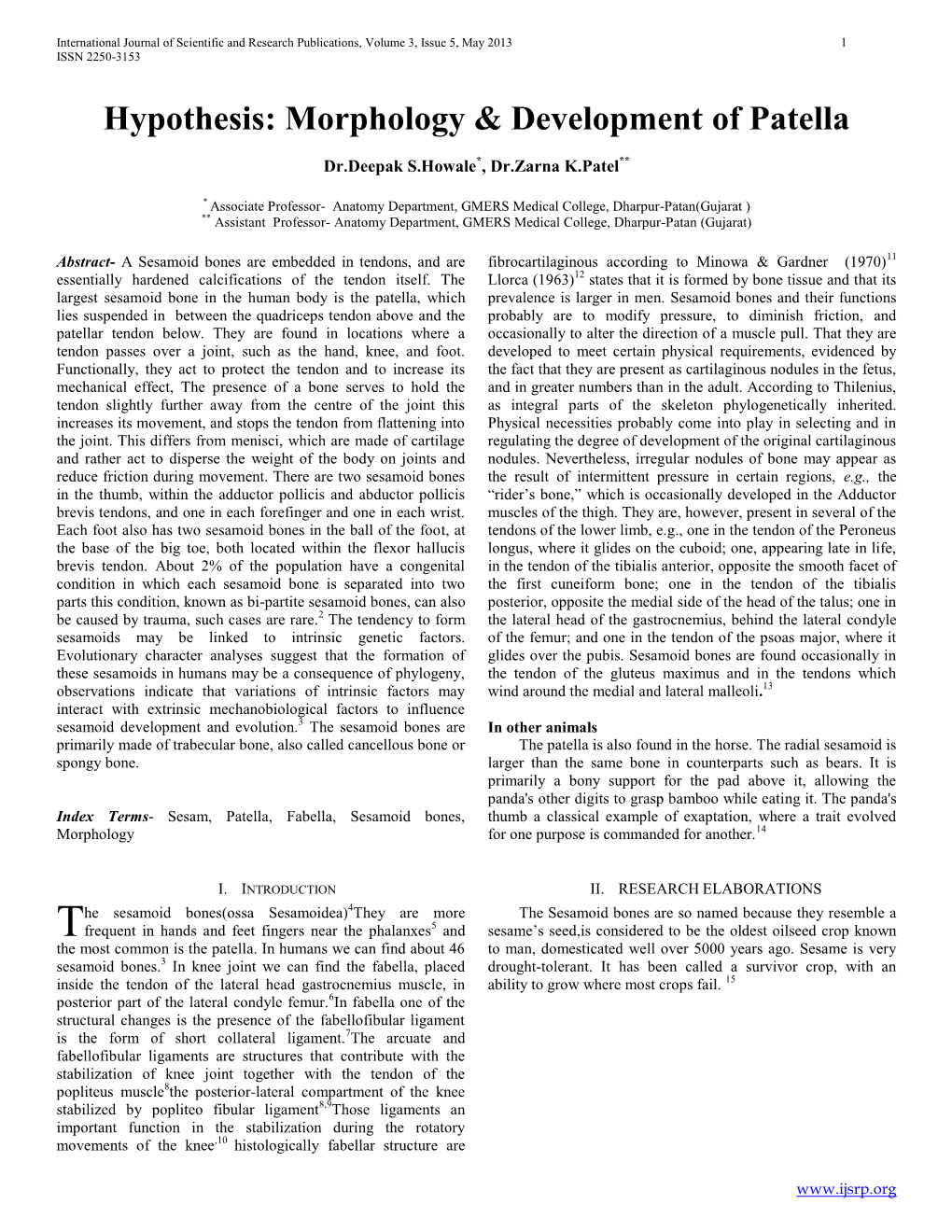 Hypothesis: Morphology & Development of Patella